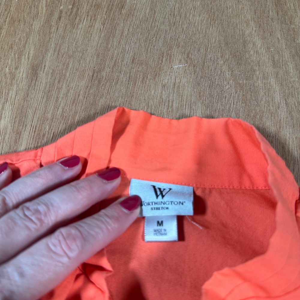 Worthington Ruffle Front Blouse Women Medium Coral Orange Sleeveless Zip Top - Picture 6 of 10